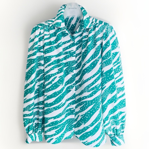 Hooper Associates Vintage 80s 90s Polka Dot  Green Stripes Long Sleeve Blouse 16 - Picture 1 of 12